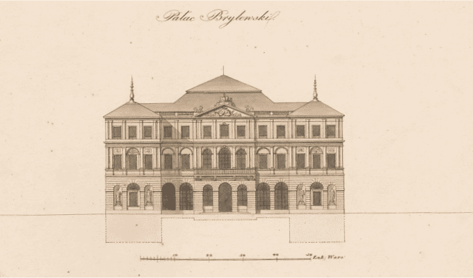 Grafika historycznej formy fasady Pałacu Brühla.Budynek ma dwa piętra i boniowanie na parterze. Na centralnym ryzalicie, nad wejściem do budynku, znajduje się balkon.