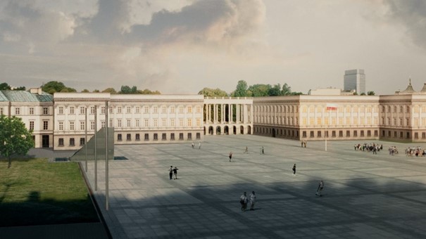 Komputerowa wizualizacja Pałacu Saskiego od strony placu Piłsudskiego. Dwa masywne skrzydła gmachu łączy po środku kolumnada, zza której wyłaniają się drzewa Ogrodu Saskiego.
