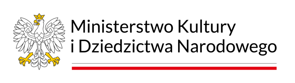 Logo of the Polish Ministry of Culture and National Heritage. It consists of the white Polish eagle with a golden crown and the name of the ministry spelled out next to it.