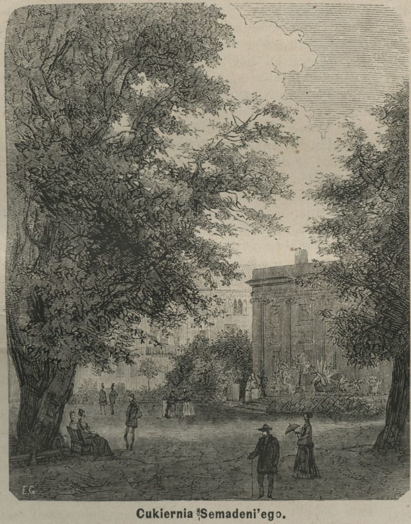 Na pierwszym planie rysunku osoby spacerujące w Ogrodzie Saskim. W tle cukiernia Semadeniego w kamienicy Lessla.