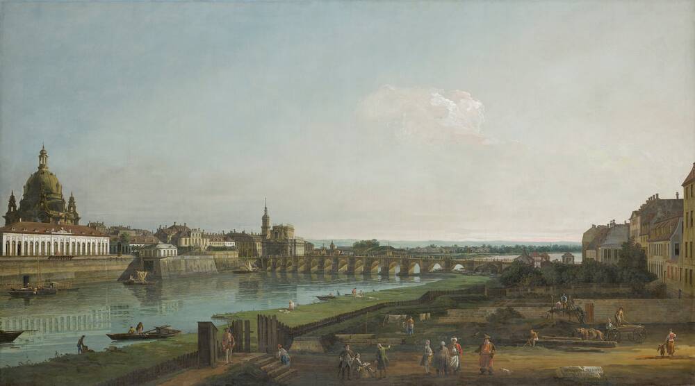 Widok na Drezno z prawego brzegu Łaby autorstwa Bernardo Bellotto Canaletto. Na pierwszym planie ludzie zajęci rozmową, wieszaniem prania, pracami codziennymi. Widoczny most przez rzekę prowadzący do XVIII-wiecznych zabudowań miasta.