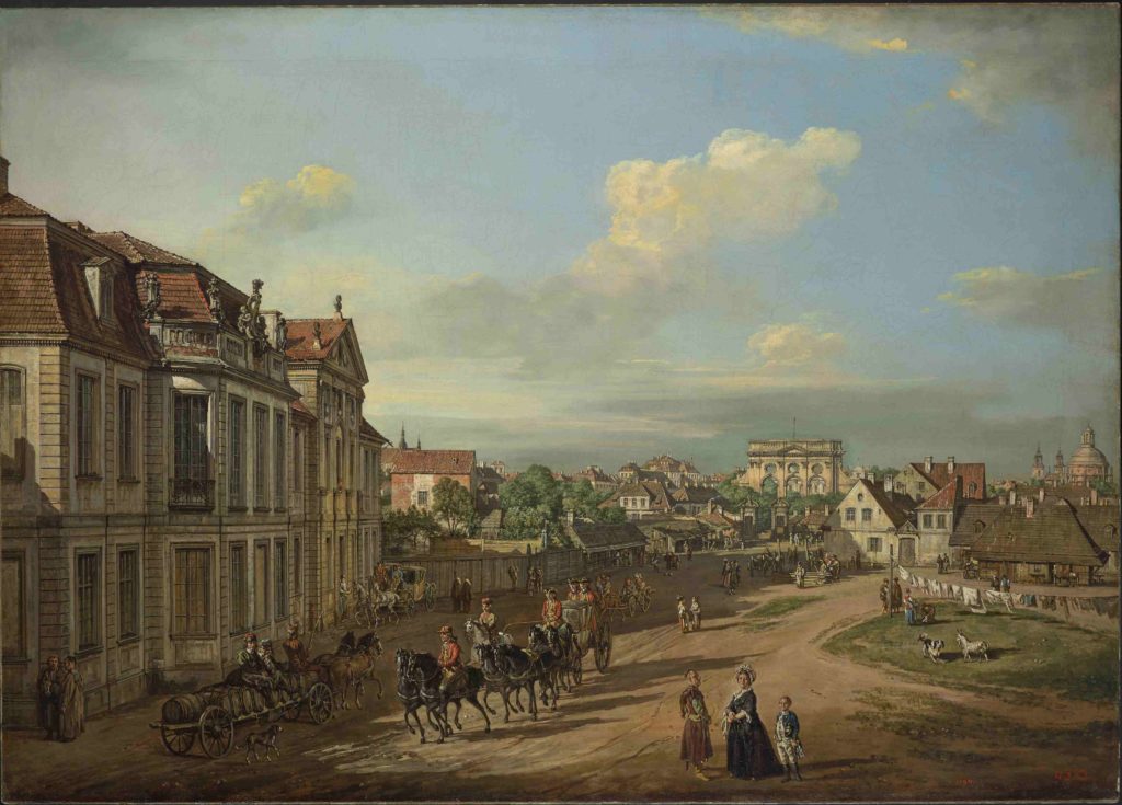 Obraz olejny Bernardo Bellotto Canaletto przedstawiający plac Żelaznej Bramy w Warszawie. Na pierwszym planie konne powozy, spacerujący oraz rozmawiający ludzie oraz rozwieszający pranie. Na drugim planie XVIII-wieczne zabudowania miejskie oraz Żelazna Brama.
