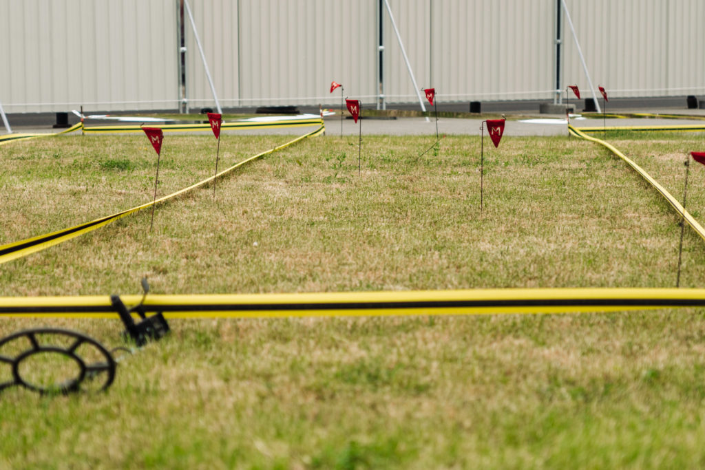A lawn with rectangular sections outlined with pieces of tape. Small flags stuck in a couple of places signal that a sapper has detected a piece of metal below the lawn.
