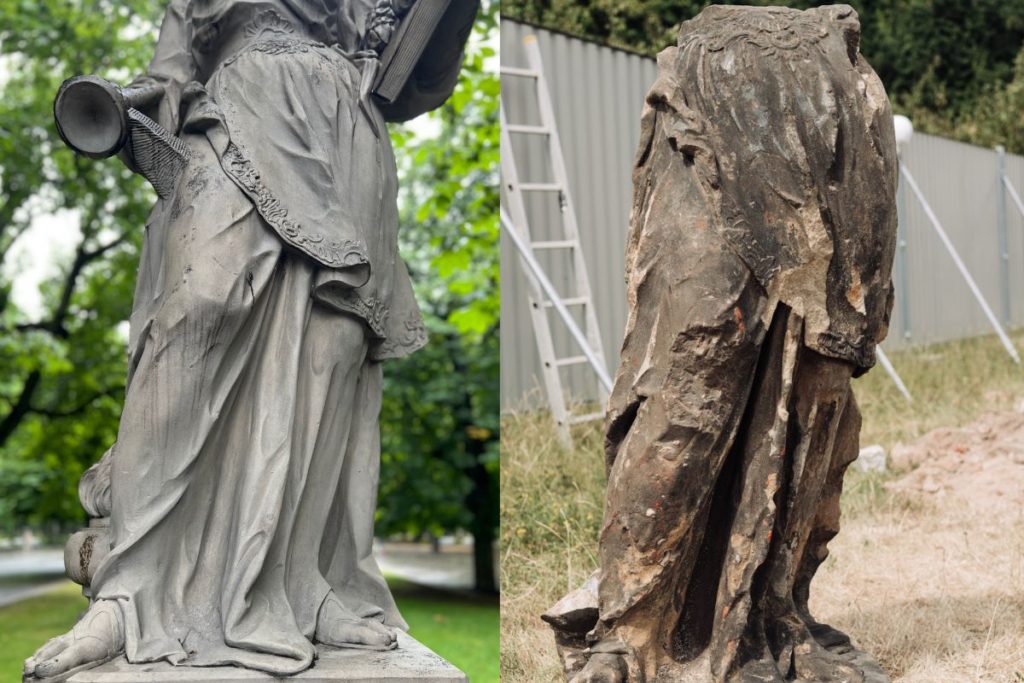 Dwa zdjęcia rzeźb Chwała przedstawiających postać kobiety jako alegorię. Po lewej rzeźba z Ogrodu Saskiego, po prawej bardzo podobna rzeźba znaleziona na wykopaliskach Pałacu Bruhla.