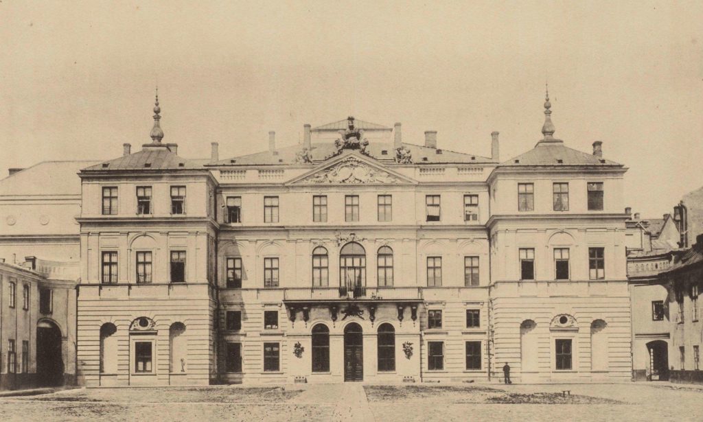 Frontowa elewacja Pałacu Brühla pod koniec XIX wieku.