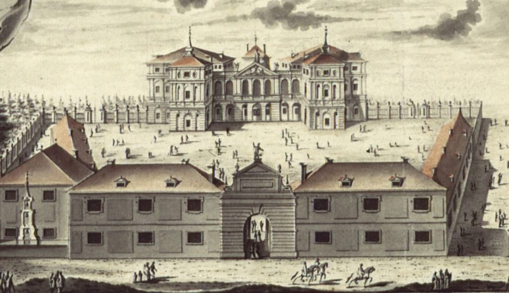 Rysunek przedstawia barokowy pałac z obszernym, pustym dziedzińcem.