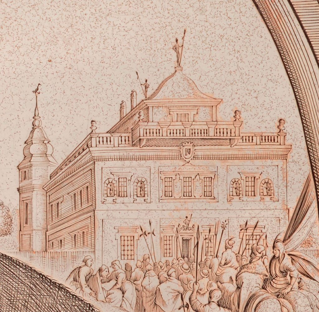Pałac Ossolińskiego na grafice. Przed barokowym gmachem stoi tłum ludzi, niektórzy z nich trzymają w ręku halabardy.