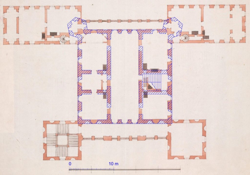 Dwa rzuty architektoniczne pałacu. Na późniejszym planie naniesiony jest obrys, który zaznacza dawny Pałac Ossolińskiego.