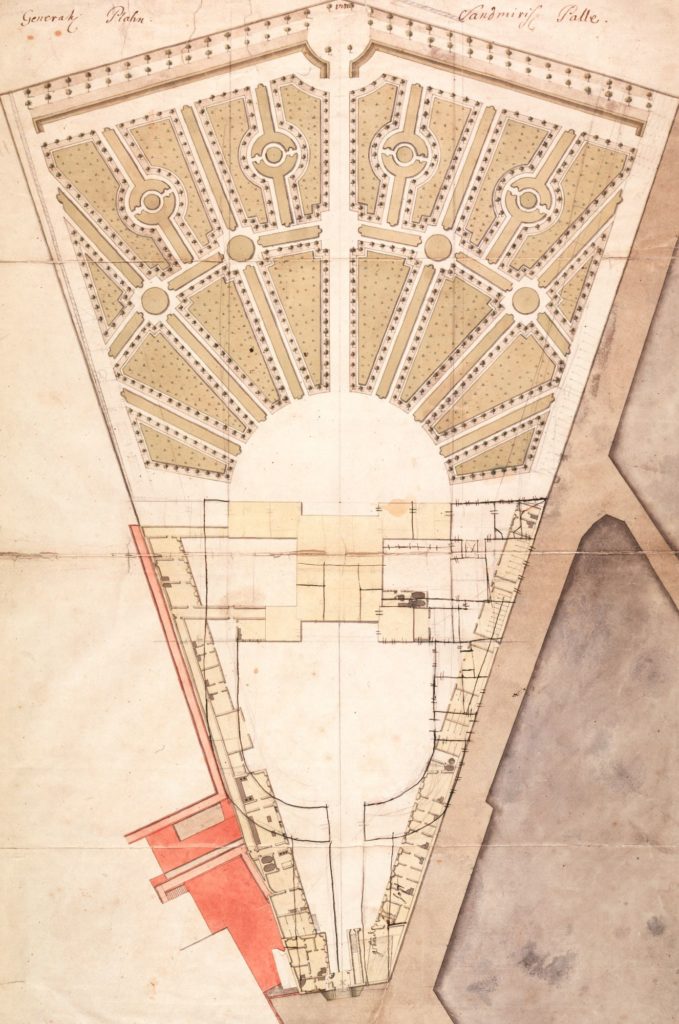 Kolorowy plan przedstawiający ogród o regularnych, symetrycznych alejkach. Na dole ogród zamyka pałac.