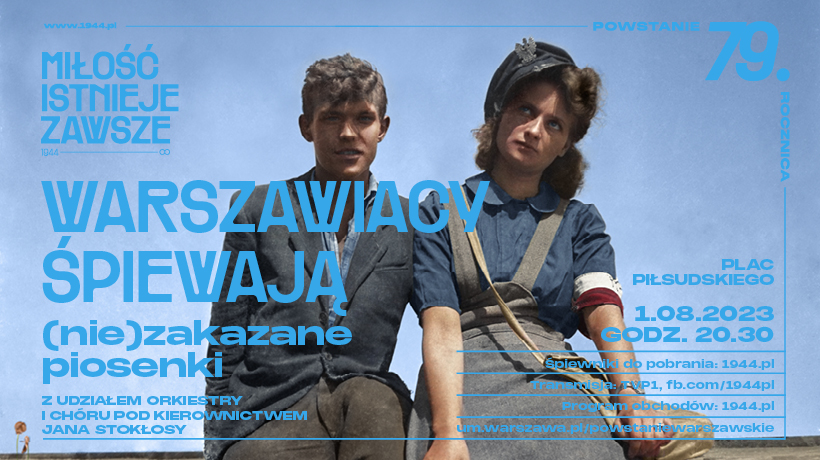 Plakat koncertu "Warszawiacy śpiewają (nie)zakazane piosenki". Para młodych powstańców, kobieta i mężczyzna, na błękitnym tle.