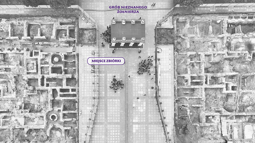 Grafika pokazująca podsumowanie działań spółki Pałac Saski. Widok z góry na odsłonięte fundamenty Pałacu Saskiego i na Grób Nieznanego Żołnierza, przy którym zaznaczone jest miejsce zbiórki na zwiedzanie fundamentów.