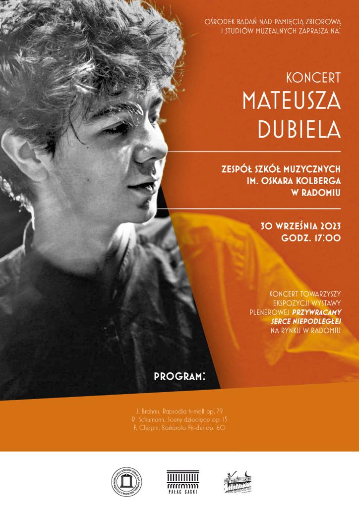 Plakat zapowiadający koncert Mateusza Dubiela w Radomiu.