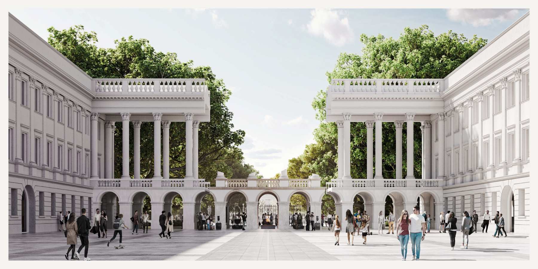 Koncepcja kolumnady Pałacu Saskiego bez odbudowanej środkowej części zgłoszona na konkurs na odbudowę Pałacu Saskiego. W tle zieleń Ogrodu Saskiego, po placu przed budynkiem przechadzają się ludzie.