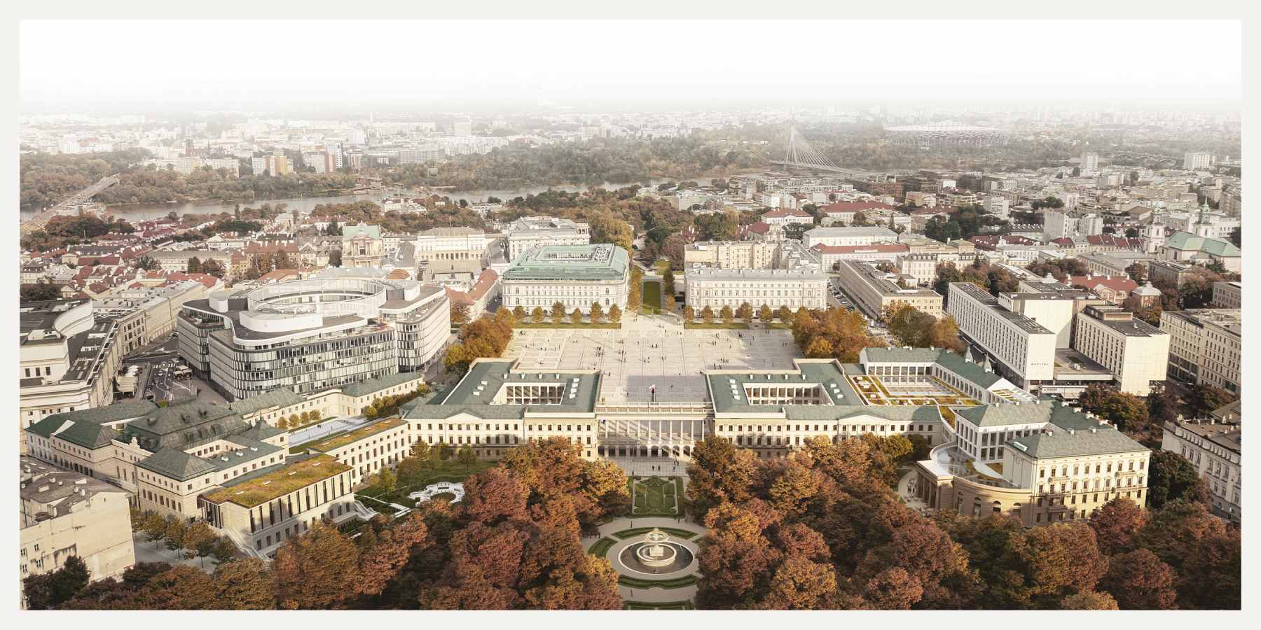 Wizualizacja, widok z lotu ptaka na odbudowany Pałac Saski na tle placu Piłsudskiego w Warszawie. Na pierwszym planie drzewa Ogrodu Saskiego w jesiennej szacie, w tle widoczne również zabudowania miasta.