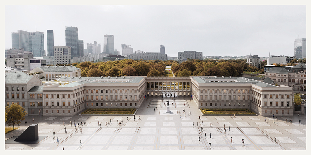 The winning concept by WXCA Group from the competition for rebuilding of Saski Palace. The visualization shows a view of Piłsudski Square with the Saski Palace rebuild. Trees of the Saski Garden are peeking from hind the colonnade which connects two wings of the palace.