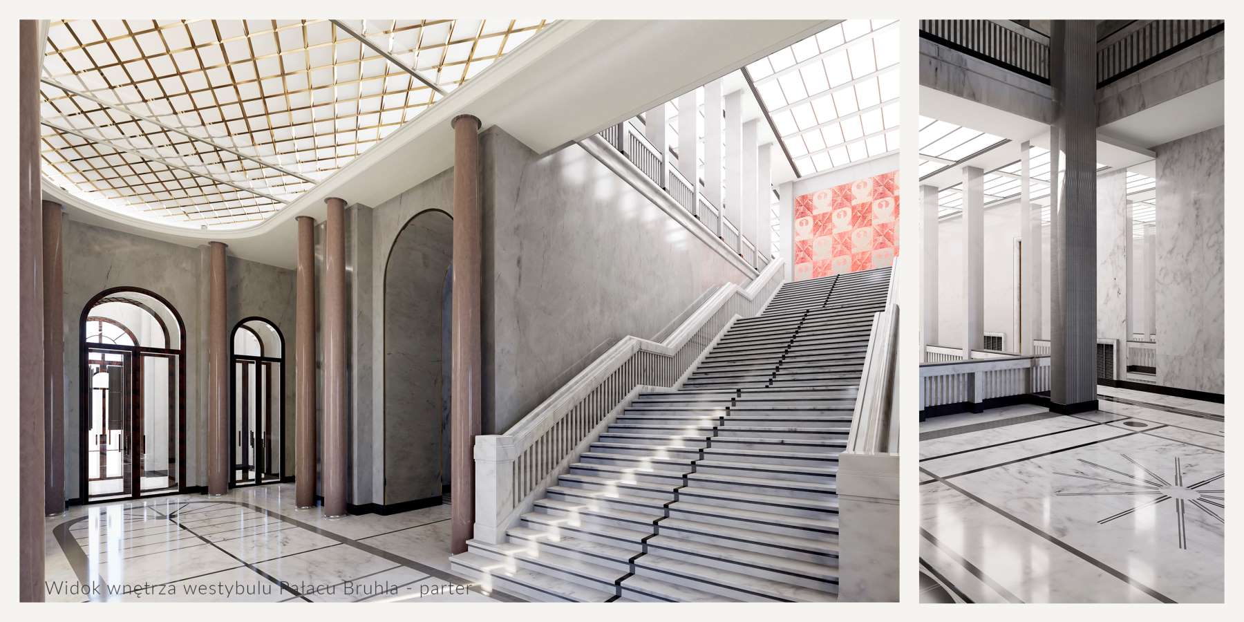 Wnętrze westybulu Pałacu Brühla. Wykonanie z materiałów kamiennych o wysokim połysku. Na szczycie schodów, na ścianie materiał nawiązujący stylistyką do produktów Spółdzielni Artystów "Ład".
