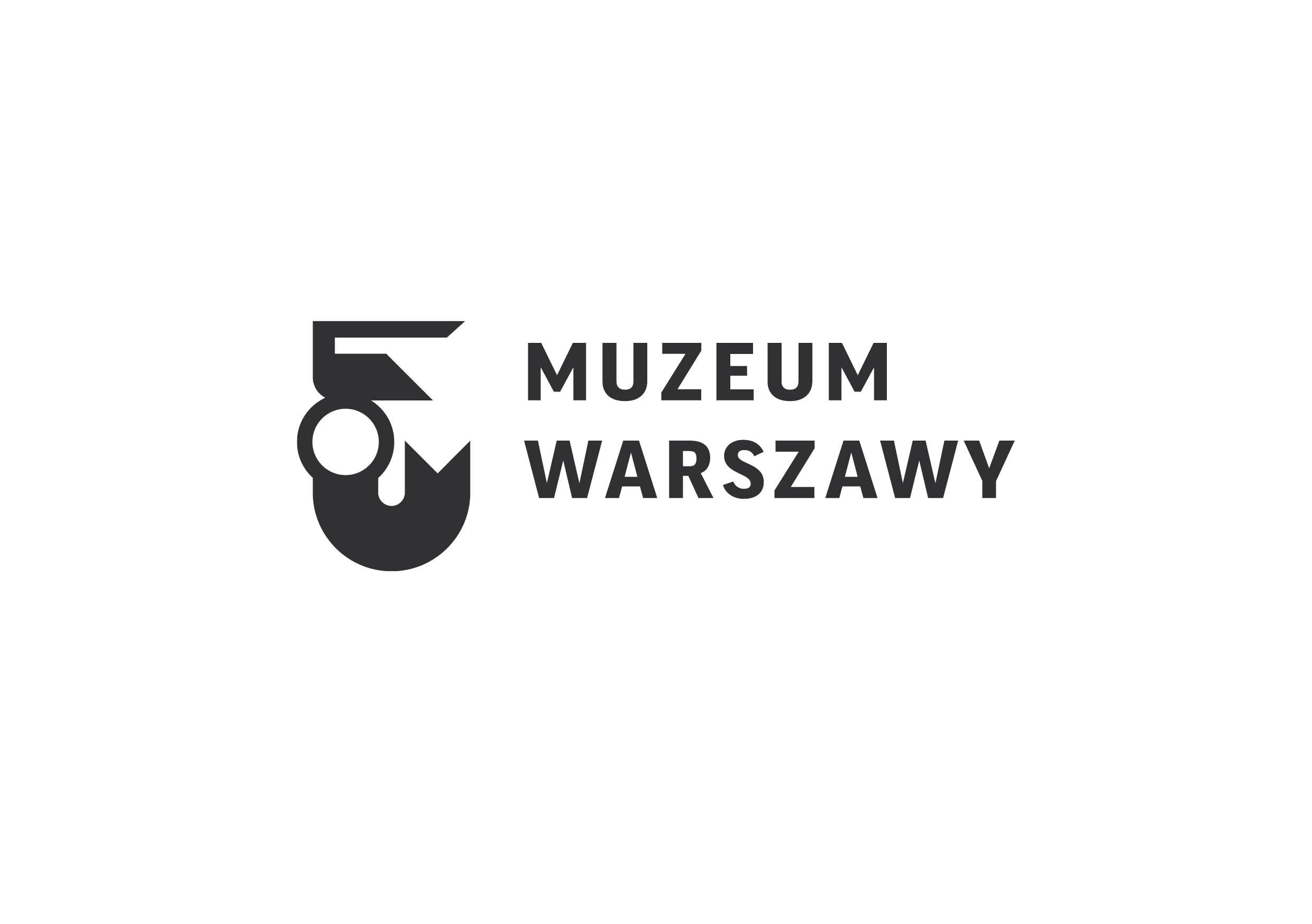 Logotyp Muzeum Warszawy - po lewej kształt syrenki z tarczą i mieczem uniesionym nad głową, po prawej napis: MUZEUM WARSZAWY (w dwóch linijkach).
