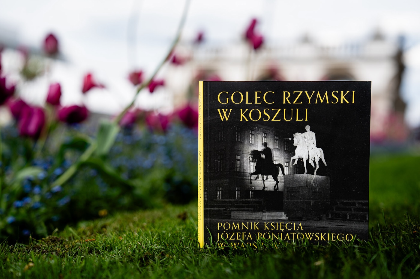 Na pierwszym planie książka o tytule "Golec rzymski w koszuli" ze zdjęciem pomnika konnego księcia Poniatowskiego. Książka oparta jest na przystrzyżonym trawniku. W tle zarys kwiatów.