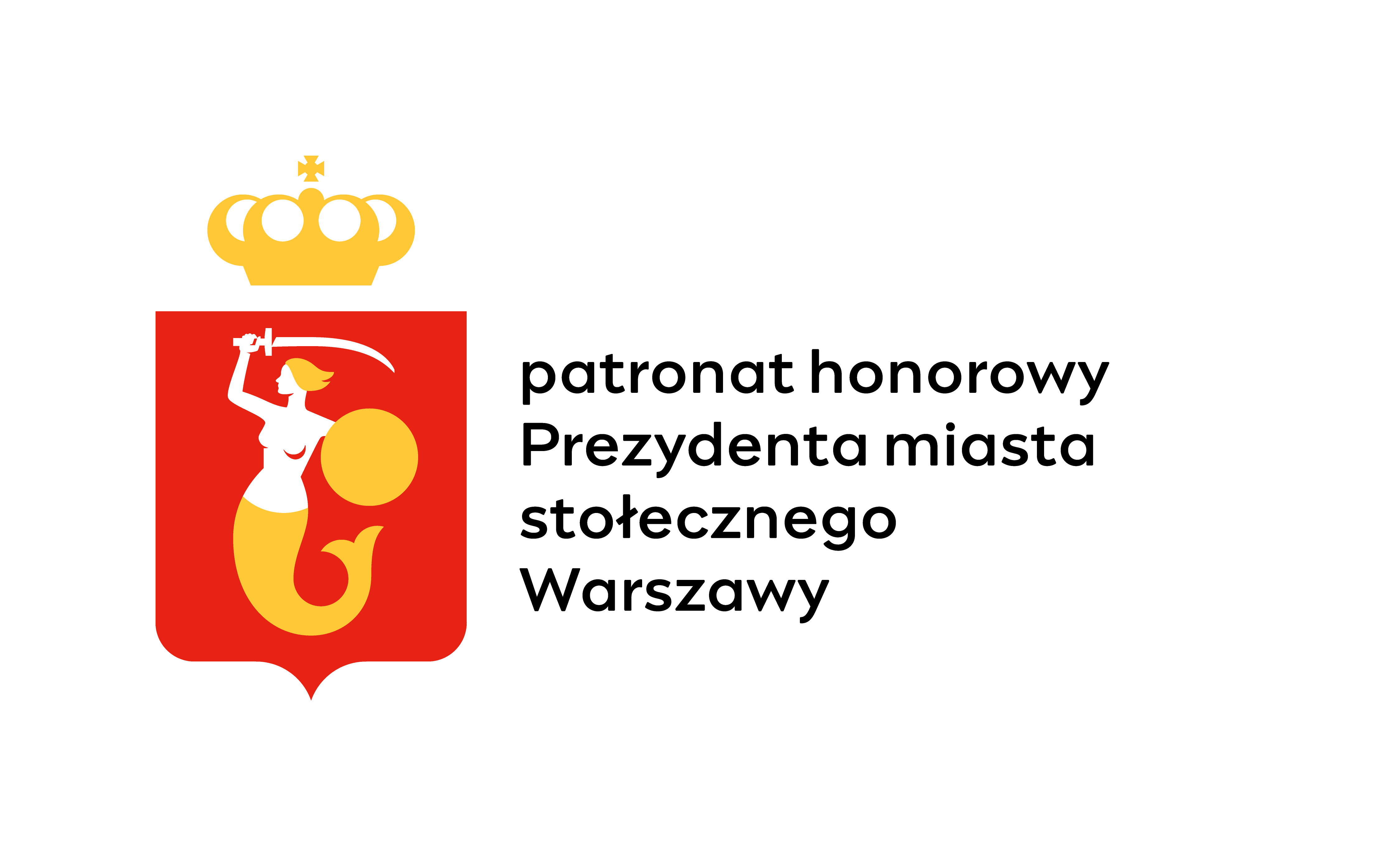 Herb Warszawy z syrenką trzymającą w lewej ręce tarczę, a w prawej miecz. Obok niego informacja: patronat honorowy Prezydenta miasta stołecznego Warszawy.