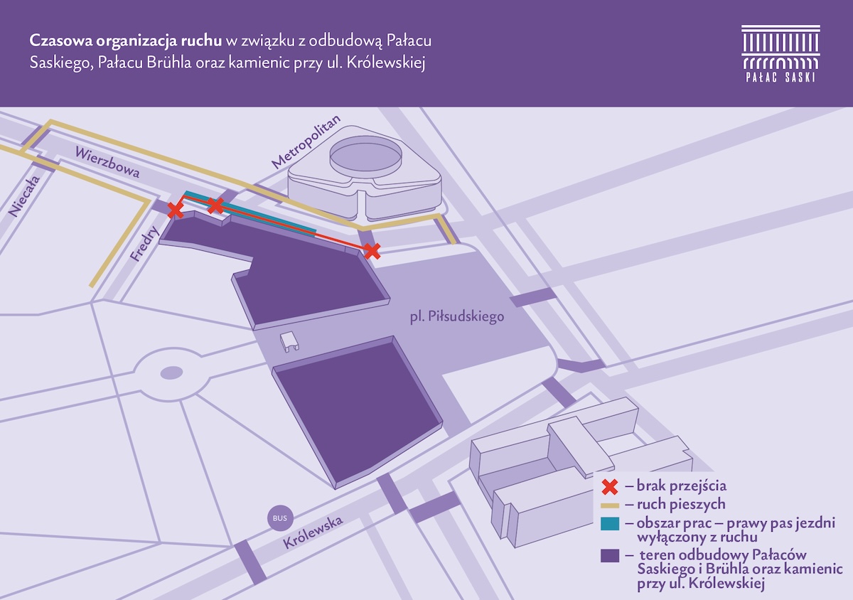 Graficzna mapa placu Piłsudskiego z zaznaczonym terenem odbudowy pałaców.