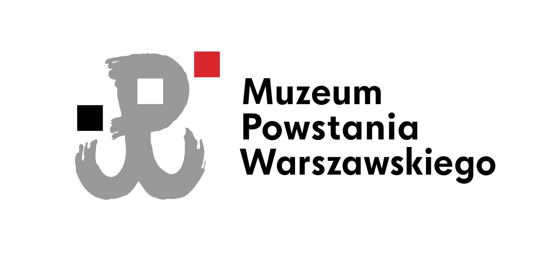 Logotyp Muzeum Powstania Warszawskiego z symbolem Polski Walczącej i nazwą muzeum.