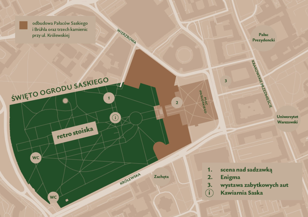 Mapka Ogrodu Saskiego i okolic pokazująca program Święta Ogrodu Saskiego. Na środku ogrodu zaznaczone zostały retro stoiska w głównej alei. Przy sadzawce znajduje się scena muzyczna, a blisko centrum placu Piłsudskiego będzie wystawiona enigma. Na parkingu przy placu będzie z kolei wystawa zabytkowych aut.