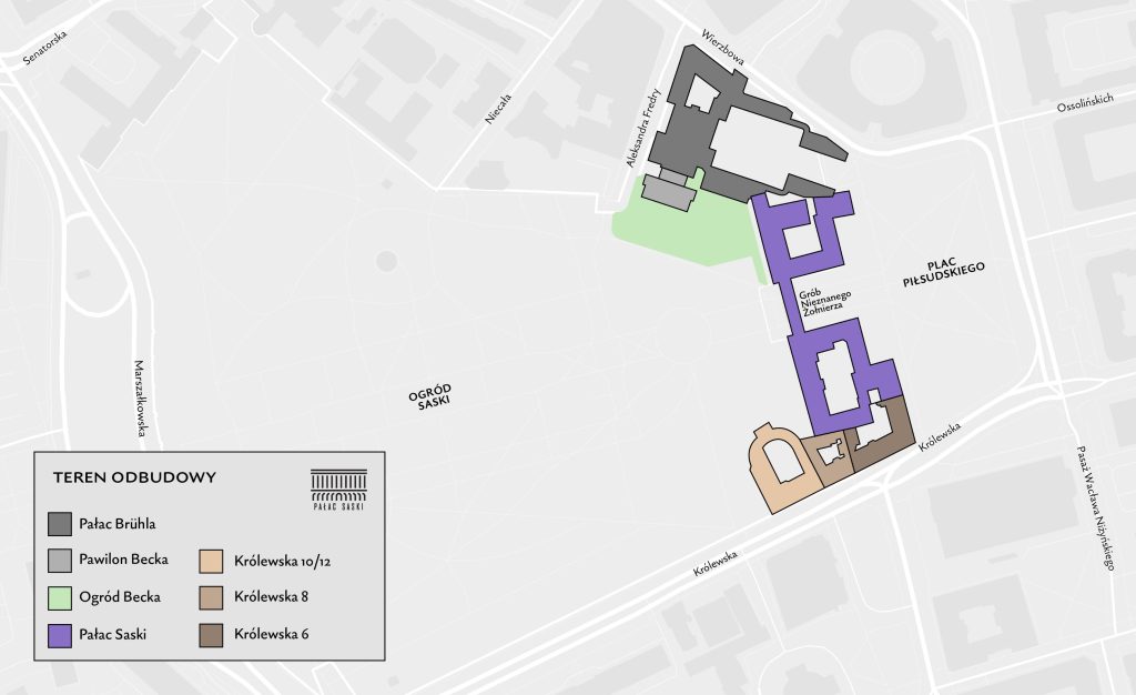 Mapa obszaru z zaznaczeniem obrysu inwestycji odbudowy Pałacu Saskiego (kolor fioletowy, między placem Piłsudskiego a Ogrodem Saskim, pod Pałacem Brühla, nad kamienicami, z podpisem Grób Nieznanego Żołnierza na środku), Pałacu Brühla (ciemny szary, z przyległym od dołu jasnoszarym obszarem Pawilonu Becka, do którego przylega jasnozielony obszar Ogrodu Becka) i kamienic przy ul. Królewskiej 6 (ciemny brązowy, od prawej strony ograniczona placem Piłsudskiego), 8 (jasny brązowy, środkowa) i 10/12 (brzoskwiniowy, z lewej strony ograniczona Ogrodem Saskim). Po lewej stronie zaznaczone ulice Marszałkowska i Senatorska (wyżej) oraz naniesiona w dolnym rogu legenda mapy z podpisem "TEREN ODBUDOWY" i nazwami budynków i ogrodu wraz z kolorami. W prawym górnym rogu legendy logotyp Pałac Saski sp. z o.o. z symboliczną kolumnadą i podpisem Pałac Saski na dole.