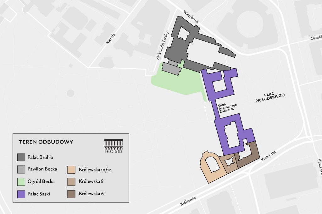 Odbudowa zachodniej pierzei. Mapa obszaru z zaznaczeniem obrysu inwestycji odbudowy Pałacu Saskiego (kolor fioletowy, między placem Piłsudskiego a Ogrodem Saskim, pod Pałacem Brühla, nad kamienicami, z podpisem Grób Nieznanego Żołnierza na środku), Pałacu Brühla (ciemny szary, z przyległym od dołu jasnoszarym obszarem Pawilonu Becka, do którego przylega jasnozielony obszar Ogrodu Becka) i kamienic przy ul. Królewskiej 6 (ciemny brązowy, od prawej strony ograniczona placem Piłsudskiego), 8 (jasny brązowy, środkowa) i 10/12 (brzoskwiniowy, z lewej strony ograniczona Ogrodem Saskim). Po lewej stronie zaznaczone ulice Marszałkowska i Senatorska (wyżej) oraz naniesiona w dolnym rogu legenda mapy z podpisem "TEREN ODBUDOWY" i nazwami budynków i ogrodu wraz z kolorami. W prawym górnym rogu legendy logotyp Pałac Saski sp. z o.o. z symboliczną kolumnadą i podpisem Pałac Saski na dole.
